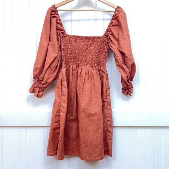 Kourt Portia Rust Smocked Mini Dress Puff Sleeve Square Neck Linen Blend Size S - Picture 3 of 11